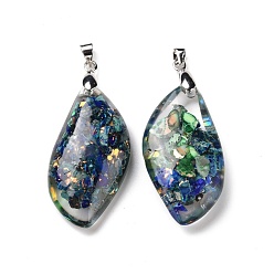Blue Transparent Resin Natural Imperial Jasper Dyed Chips Pendants, with Platinum Tone Brass Findings, Leaf Charm, Blue, 34.5x18x8mm, Hole: 5x4mm
