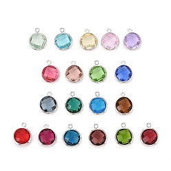 Mixed Color Glass Charms, with Platinum Plated Brass Findings, Long-Lasting Plated, Lead Free & Nickel Free & Cadmium Free, Faceted Flat Round, Mixed Color, 6x4x1.5mm, Hole: 0.9mm