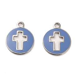 Stainless Steel Color 304 Stainless Steel Charms, with Enamel, Flat Round with Cross Charms, Stainless Steel Color, 14.5x12x1mm, Hole: 1.6mm