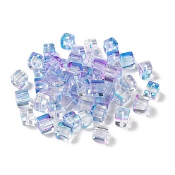 Violet Two Tone Transparent Glass Beads, Cube, Violet, 6x6x7mm, Hole: 1.4mm, about 500pcs/bag