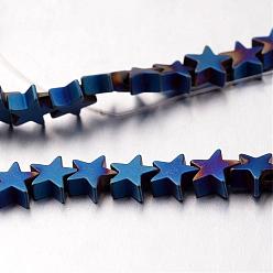 Blue Plated Electroplate Non-magnetic Synthetic Hematite Bead Strands, Frosted, Star, Blue Plated, 8x8x3mm, Hole: 1mm, about 68pcs/strand, 15.7 inch