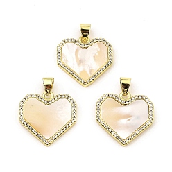 Seashell Color Rack Plating Real 18K Gold Plated Brass Pendants, with Cubic Zirconia and Shell, Long-Lasting Plated, Lead Free & Cadmium Free, Heart, Seashell Color, 18x18x2.5mm, Hole: 5x3.5mm