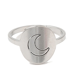 Stainless Steel Color 304 Stainless Steel Adjustable Rings, Flat Round with Moon, Stainless Steel Color, US Size 6 1/4(16.7mm)