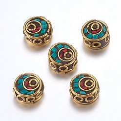 Green Handmade Indonesia Beads, with Brass Findings, Nickel Free, Flat Round, Unplated, Green, 12~13x6~7.5mm, Hole: 2mm