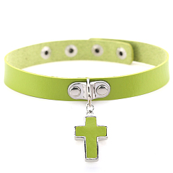 Green Yellow PU Leather Adjustable Choker Necklace, Alloy Cross Pendant Necklace with Stainless Steel Snap Buttons for Women, Green Yellow, 15.75 inch(40cm)
