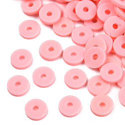 Pink Eco-Friendly Handmade Polymer Clay Beads, Disc/Flat Round, Heishi Beads, Pink, 6x1mm, Hole: 2mm, about 23500pcs/1000g