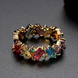 Golden Colorful Cubic Zirconia Rectangle Finger Ring, Brass Finger Ring, Golden, US Size 9(18.9mm)