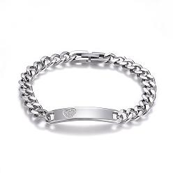 Stainless Steel Color 304 Stainless Steel ID Bracelets, with Curb Chain and Cubic Zirconia, Stainless Steel Color, 7-7/8 inch(200mm)x8x3mm