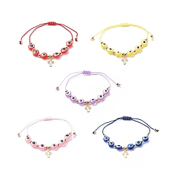 Mixed Color Brass Tiny Cross Charms Braided Beaded Bracelets for Women, with Evil Eye Resin Bead and Braided Nylon Thread, Mixed Color, Inner Diameter: 2~2-7/8 inch(5.2cm)