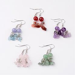 Mixed Stone Natural Gemstone Dangle Earrings, with Platinum Tone Brass Earring Hook, 42mm, Pin: 0.7mm