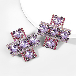 purple Retro Style Cross Earrings with Sparkling Glass and Rhinestone Decoration for Parties