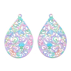 Lilac Spray Painted 430 Stainless Steel Filigree Pendants, Teardrop, Lilac, 45x28.5x0.5mm, Hole: 2mm
