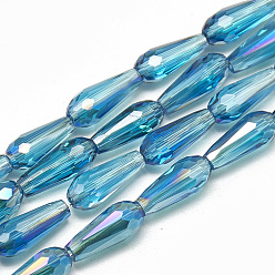 Dodger Blue Electroplate Glass Beads Strands, Faceted Teardrop, Dodger Blue, 9~9.5x4mm, Hole: 1mm, about 72pcs/strand, 25.98 inch