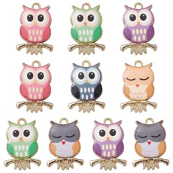 Mixed Color Painted Alloy Pendants, Owl Charm, Cadmium Free & Nickel Free & Lead Free, Golden, Mixed Color, 21.5x15x2.3mm, Hole: 2mm