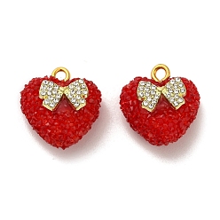 Red Heart with Bowknot Shape Resin & Rhinestone Pendant, with Rack Plating Golden Brass Findings, Long-Lasting Plated, Red, 20.5x19~19.5x12mm, Hole: 2.5mm
