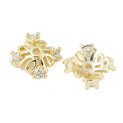 Настоящее золото 14K Колпачки для бусин из прозрачного кубического циркония из латуни, 4-лепестков цветка, реальный 14 k позолоченный, 7.5x7.5x2.5 мм, отверстие : 1 мм