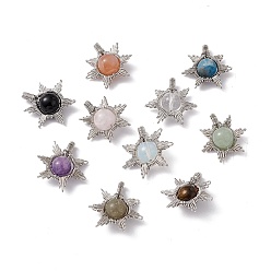 Mixed Stone Natural & Synthetic Mixed Gemstone Pendants, Sun Charms, with Rack Plating Platinum Tone Brass Findings, Cadmium Free & Lead Free, 26~28x24~28x10mm, Hole: 2x4mm