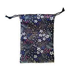 Black Lint Packing Pouches Drawstring Bags, Birthday Gift Storage Bags, Rectangle with Flower Pattern, Black, 18x13cm