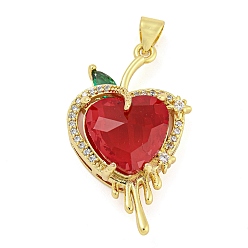 Red Rack Plating Brass Micro Pave Clear Cubic Zirconia Pendants, with Glass, Long-Lasting Plated, Cadmium Free & Lead Free, Real 18K Gold Plated, Heart Charms, Red, 30x17x9.5mm, Hole: 4.5x3.5mm