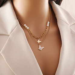 1# necklace Fashion Butterfly Necklace with Pearl Pendant and Stainless Steel Chain