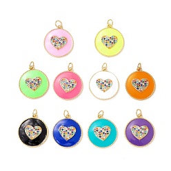 Mixed Color Eco-friendly Brass Micro Pave Colorful Cubic Zirconia Pendants, with Enamel and Jump Ring, Lead Free & Cadmium Free & Nickel Free, Flat Round with Heart, Mixed Color, 21x18.5x3mm, Hole: 3.5mm