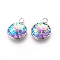 Plum Resin Pendants, with 304 Stainless Steel Finding, Flat Round with Mermaid Fish Scale Shaped, Stainless Steel Color, Plum, 18x14x3.5mm, Hole: 2mm