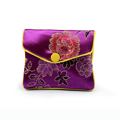 Purple Chinese Style Rectangle Cloth Zipper Pouches, with Flower Pattern and Snap Button, Purple, 6.5x7.5cm