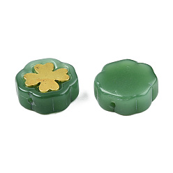 Vert Imitation perles de verre peintes à la bombe de jade, avec les accessoires en laiton plaqués or, fleur, verte, 12x12x4.5mm, Trou: 1mm