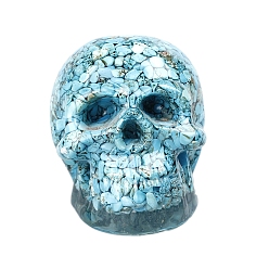 Synthetic Turquoise Resin Skull Display Decoration, with Synthetic Turquoise Chips inside Statues for Home Office Decorations, 73x100x75mm