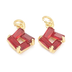 Red Brass Cubic Zirconia Pendants, Real 18K Gold Plated, with Jump Rings, Square, Red, 13x10x4mm, Hole: 3.5mm