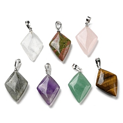 Mixed Stone Natural Gemstone Pendants, with Platinum Tone Brass Findings, Rhombus Charm, 28~29x17~18x5.5~6mm, Hole: 4x7mm