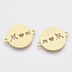 Golden 201 Stainless Steel Links connectors, Laser Cut Links, for Mother's Day, Flat Round with Word Mom, Golden, 20x15.5x1mm, Hole: 1.6mm