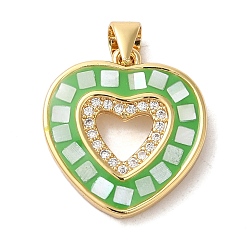 Зеленый лайм Стойки обшивки латунь кубического циркония подвески, с эмалью и ракушкой, долговечный, без свинца и без кадмия, реальный 18 k позолоченный, сердце, зеленый лайм, 20x18x3 мм, отверстие : 5x4 мм