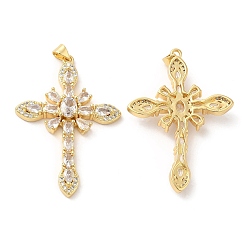 Clear Brass Pendants, with Glass & Cubic Zirconia, Lead Free & Cadmium Free, Cross Charms, Real 18K Gold Plated, Clear, 49x34x7mm, Hole: 5.1x3.4mm