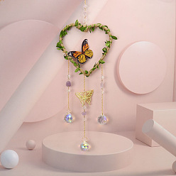 Heart Leaf Butterfly Hemp Rope Wrapped Hanging Ornaments, Glass Teardrop Tassel Suncatchers for Home Outdoor Decoration, Heart, 500mm