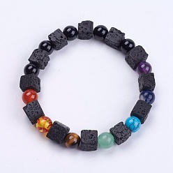 Mixed Stone Natural Gemstone Beaded Stretch Bracelets, with Lava Rock Beads, Chakra Jewelry, 2-1/4 inch(56mm)