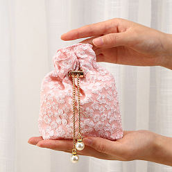 Pink Fiber Embossed Flower Drawstring Candy Bags, with Chain, Wedding Candy Cloth Pouches, Square, Pink, 15x15cm