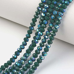 Teal Electroplate Opaque Solid Color Glass Beads Strands, Half Rainbow Plated, Faceted, Rondelle, Teal, 2.5x1.5mm, Hole: 0.4mm, about 195pcs/strand, 11 inch(27.5cm)