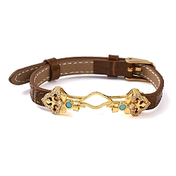 Кокосово-Коричневый Регулируемый браслет из коровьей кожи для изготовления бусин, с фурнитурой в виде цветов из латуни, инкрустированной микрофиброй и синтетическим бирюзовым камнем, и застежками из нержавеющей стали., золотые, кокосового коричневый, пригодный для 304 мм бусы, 11 дюйм (9.61 см)