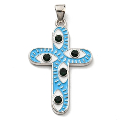 Sky Blue Rack Plating Alloy Enamel Pendants, Cross Charms with Glass, Long-Lasting Plated, Lead Free & Cadmium Free, Platinum, Sky Blue, 41.5x26.5x3mm, Hole: 6.6x3.5mm