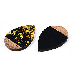 Black Opaque Resin & Walnut Wood Pendants, Teardrop Charms with Paillettes, Black, 36.5x24.5x3mm, Hole: 2mm