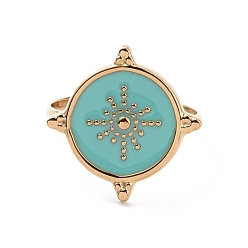 Medium Turquoise Enamel Flat Round with Sun Signet Cuff Ring, Real 24K Gold Plated 304 Stainless Steel Jewelry for Women, Medium Turquoise, US Size 7 3/4(17.9mm)