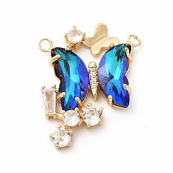 Capri Blue Brass with K9 Glass Charms, Golden, Butterfly Charms, Capri Blue, 27x25x4.5mm, Hole: 2mm