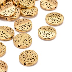 Antique Golden Tibetan Style Alloy Beads, Flat Round with Flower, Lead Free & Cadmium Free, Antique Golden, 11x3mm, Hole: 1.5mm