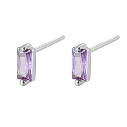 Lilac Cubic Zirconia Rectangle Stud Earrings, Silver 925 Sterling Silver Post Earrings, with 925 Stamp, Lilac, 7.8x3mm