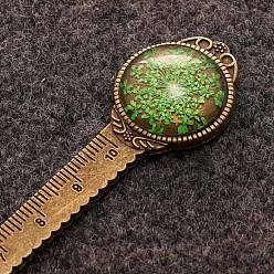 Lime Alloy Ruler Bookmark, Glass Cabochon Bookmark with Dried Queen Anne's Lace Flower Inside, Lime, 120mm