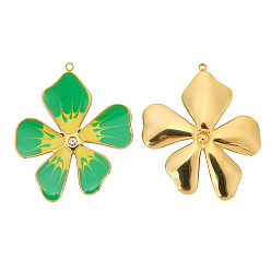 Spring Green Stainless Steel Rhinestones Pendants, with Enamel, Golden, Flower Charms, Spring Green, 39x33mm, Hole: 1.5mm