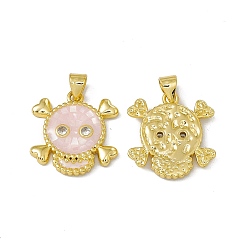 Pink Halloween Natural Shell Pendants, Skull Charms, Dyed, with Rack Plating Golden Tone Brass Findings, Long-Lasting Plated, Pink, 19.5x18.5x3mm, Hole: 4x3.5mm