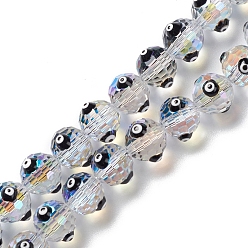 Black Transparent Evil Eye Glass Beads Strands, with Enamel, Faceted, Round, Black, 10.5~11x9mm, Hole: 1.6mm, about 40pcs/strand, 13.86''~14.06''(35.2~35.7cm)