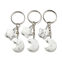 Говлит Брелки с подвеской в виде луны и звезды из натурального говлита Рейки, с железными кольцами для ключей, 7.8 см